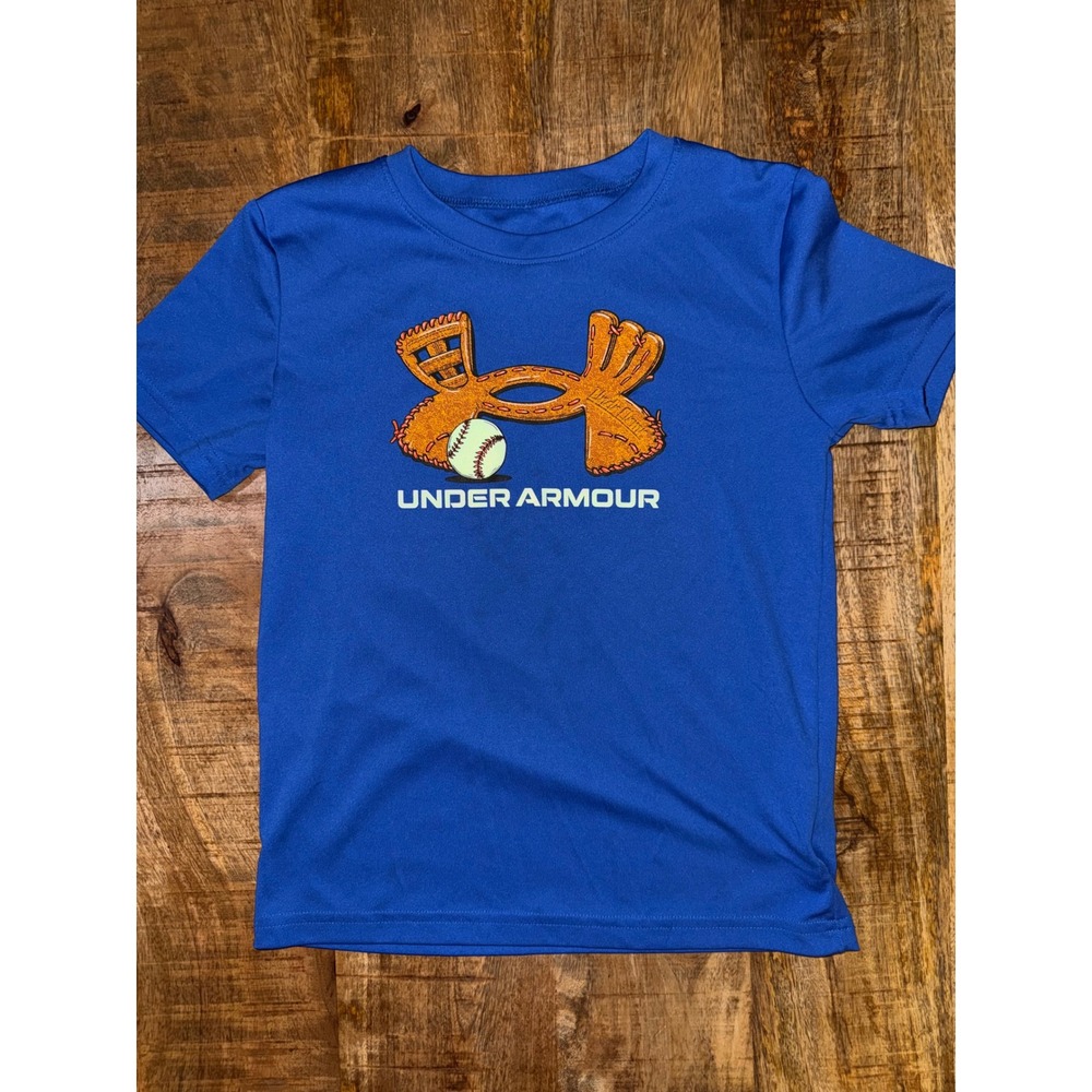 Under Armour Kids Blue Baseball Glove Graphic Tee Shirt Size 7 UASII12E-404